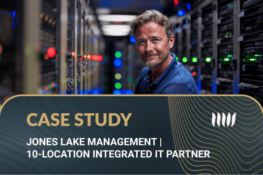 Server room and client portrait illustrating integrated IT solutions for Jones Lake Management.