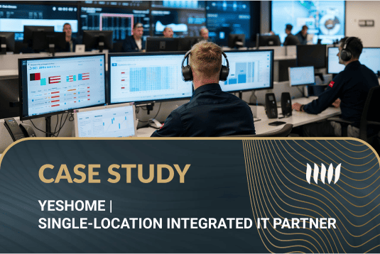 IT support team monitoring multiple screens and data visualizations, showcasing integrated IT solutions and case
